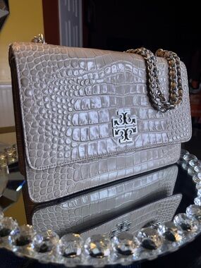 Tory Burch Britten Crocodile Adjustable Shoulder Bag in Tan